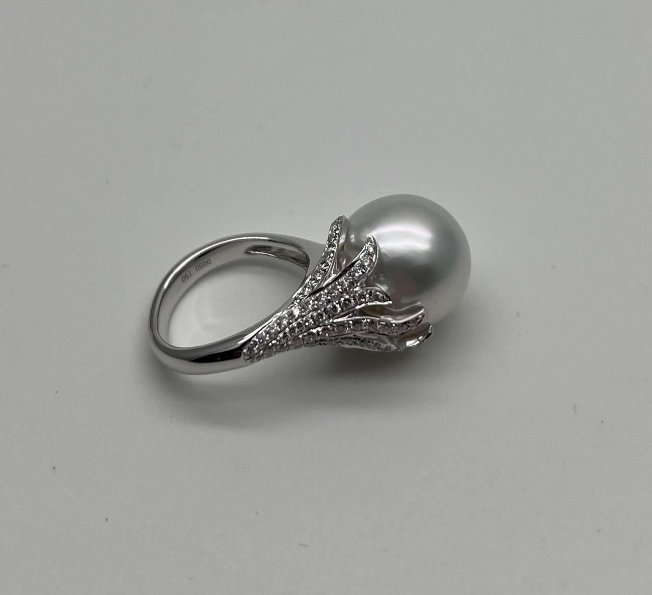 South Sea White Pearl Diamonds Pave Set 18K White Gold Statement Classic Ring