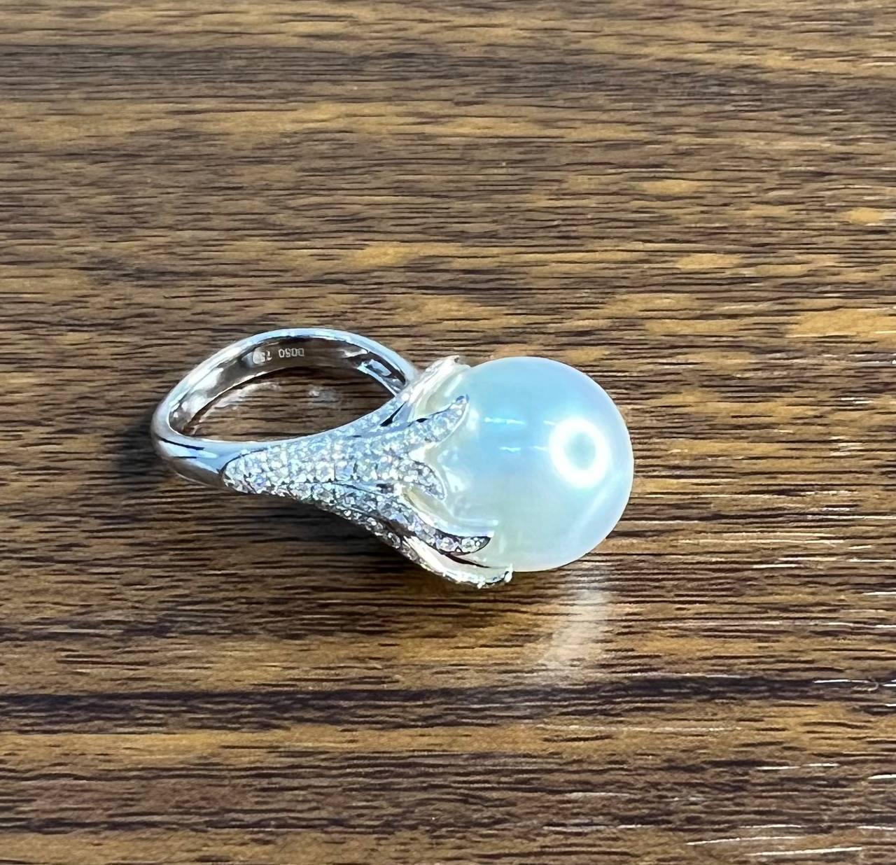 South Sea White Pearl Diamonds Pave Set 18K White Gold Statement Classic Ring