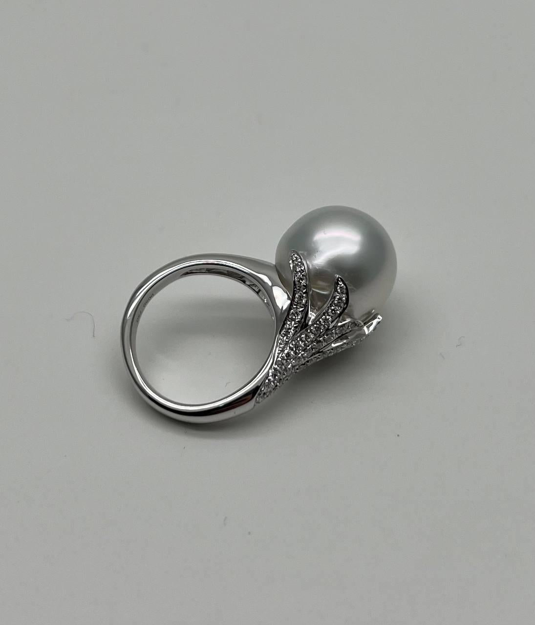 South Sea White Pearl Diamonds Pave Set 18K White Gold Statement Classic Ring