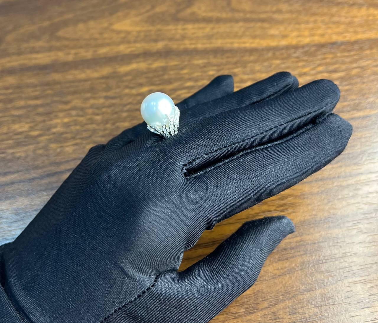 South Sea White Pearl Diamonds Pave Set 18K White Gold Statement Classic Ring