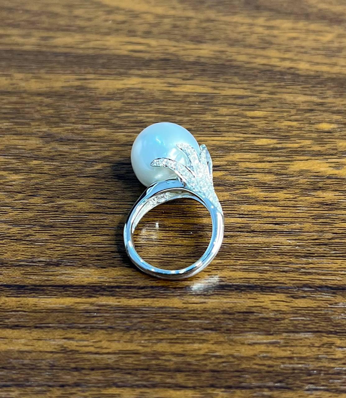 South Sea White Pearl Diamonds Pave Set 18K White Gold Statement Classic Ring