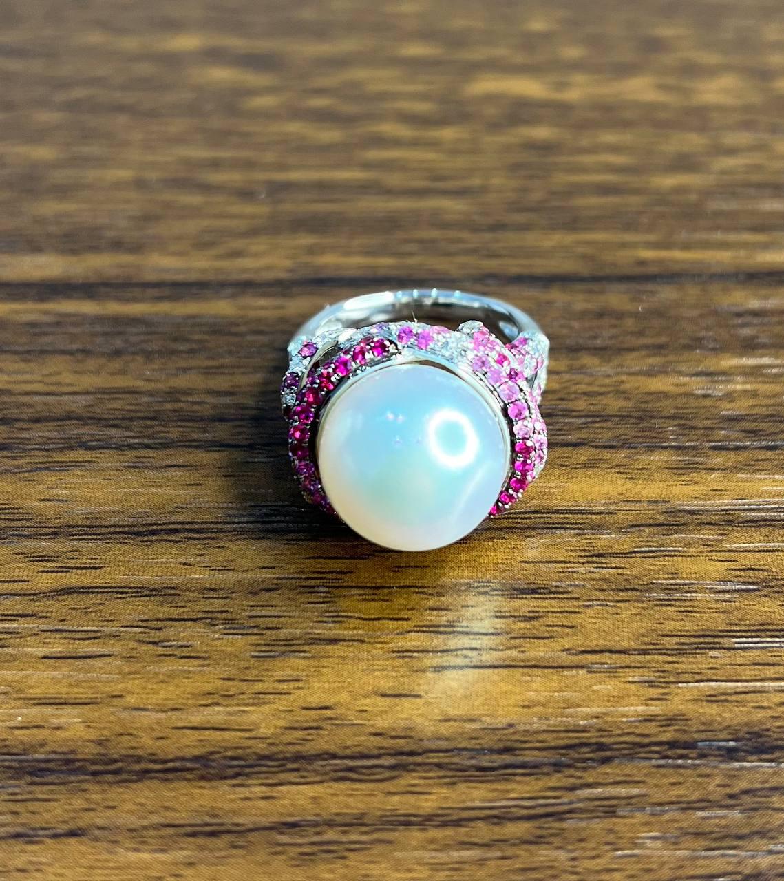 White South Sea Pearl Pink Sapphire Diamonds Halo Detail 18K White Gold Ring