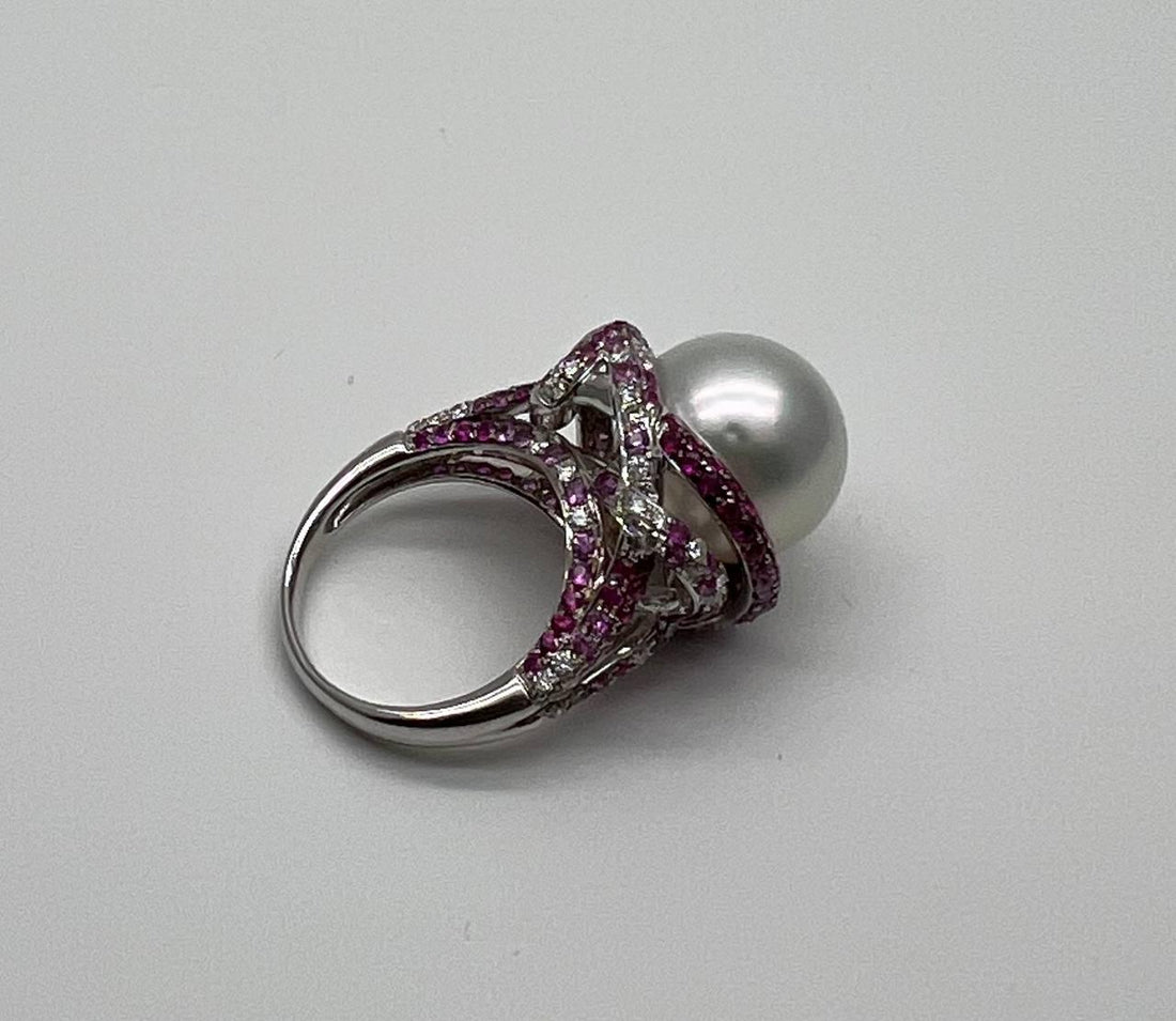 White South Sea Pearl Pink Sapphire Diamonds Halo Detail 18K White Gold Ring