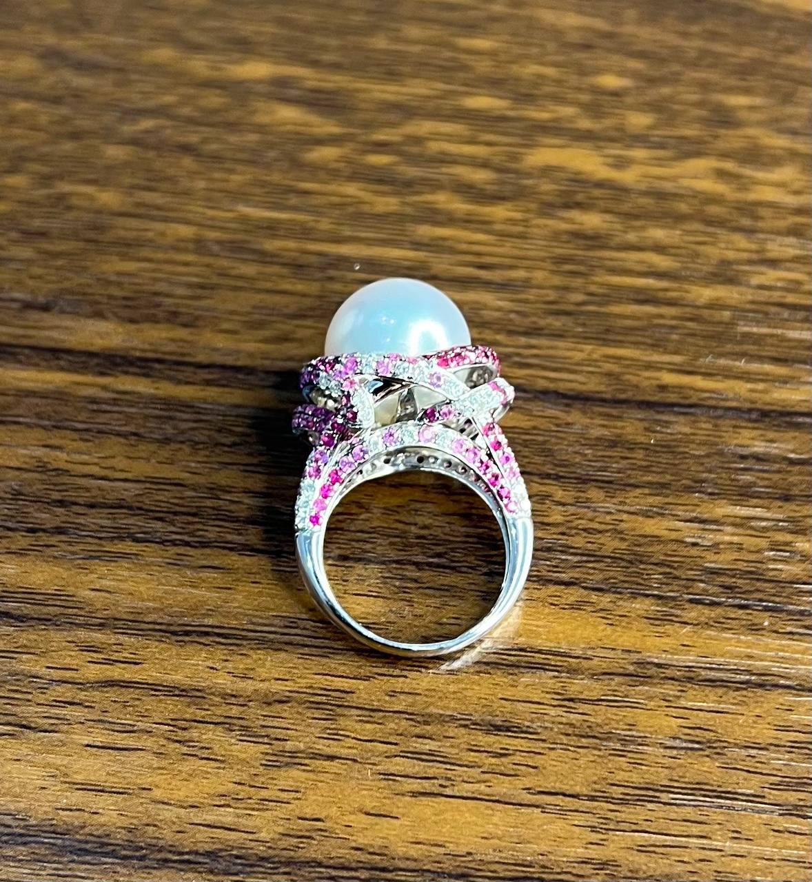 White South Sea Pearl Pink Sapphire Diamonds Halo Detail 18K White Gold Ring