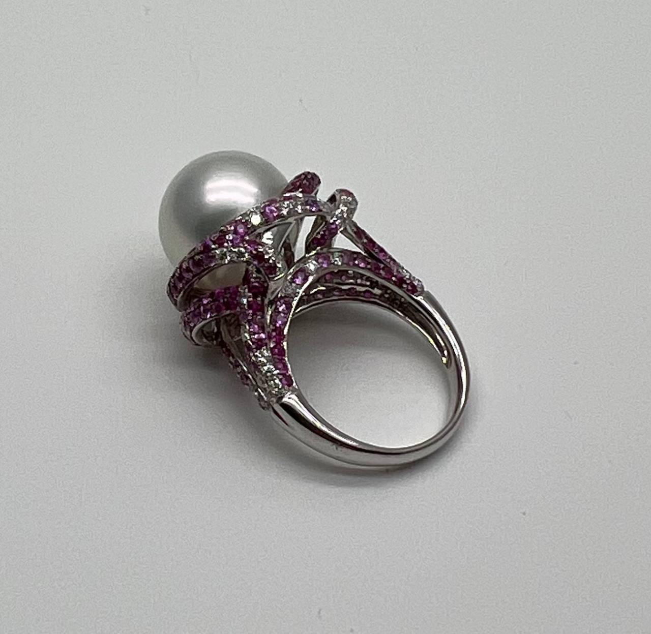White South Sea Pearl Pink Sapphire Diamonds Halo Detail 18K White Gold Ring
