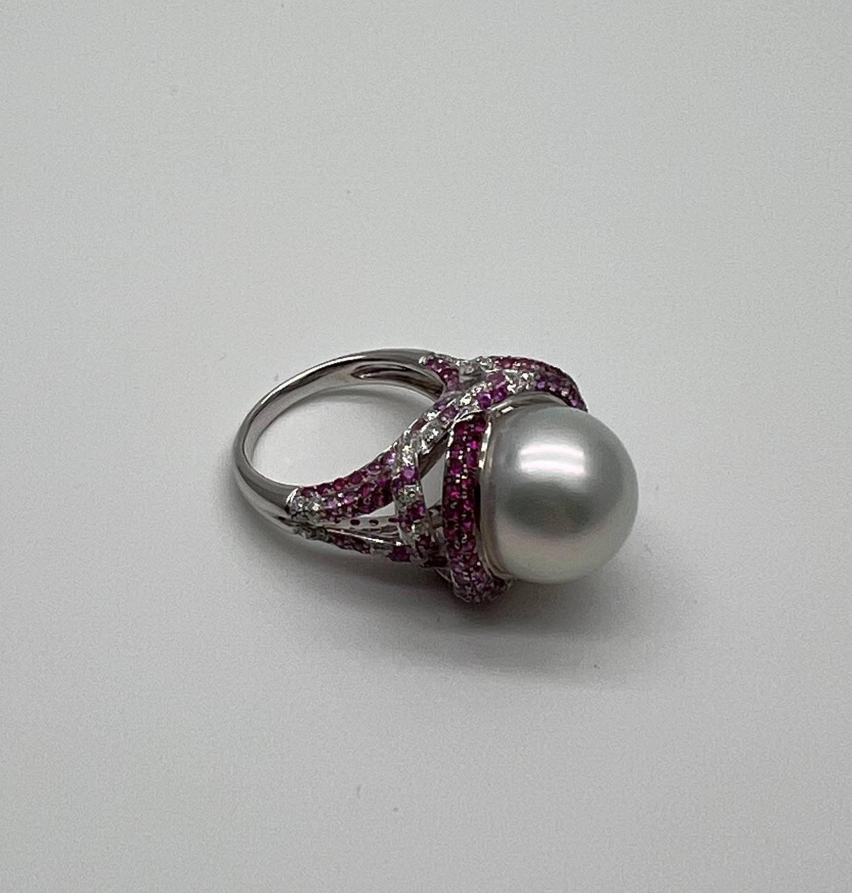 White South Sea Pearl Pink Sapphire Diamonds Halo Detail 18K White Gold Ring