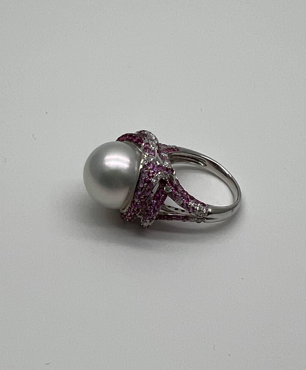 White South Sea Pearl Pink Sapphire Diamonds Halo Detail 18K White Gold Ring