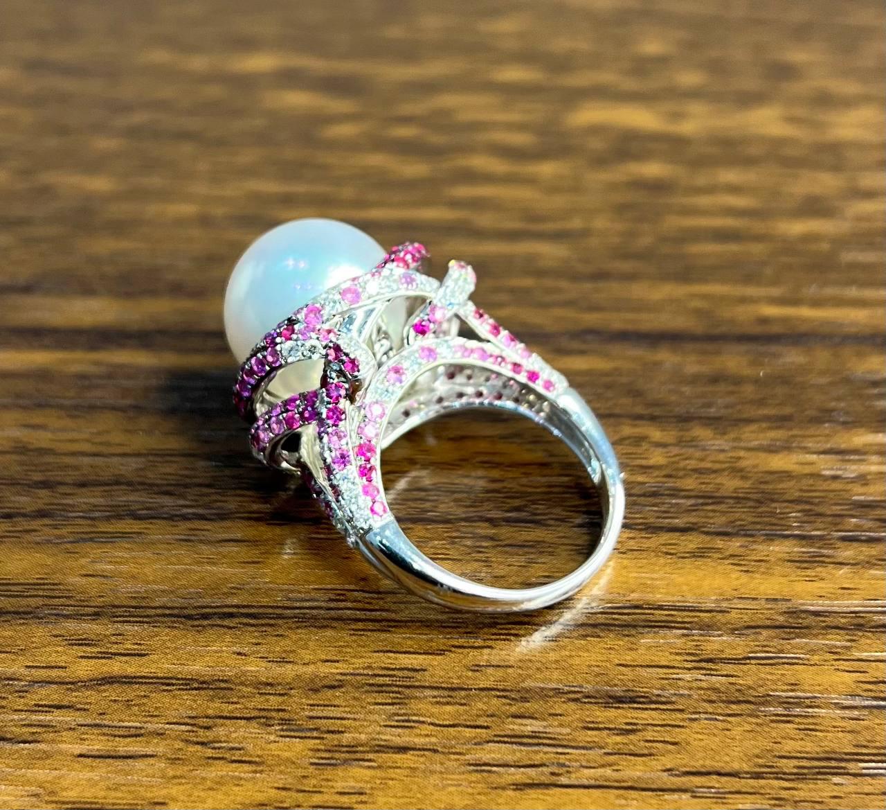 White South Sea Pearl Pink Sapphire Diamonds Halo Detail 18K White Gold Ring