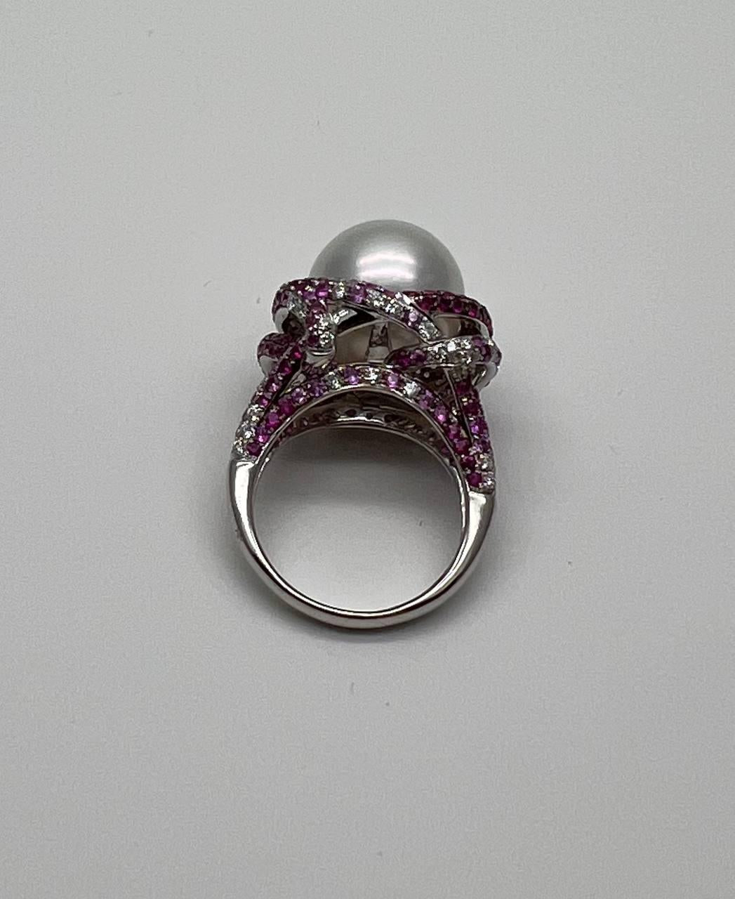 White South Sea Pearl Pink Sapphire Diamonds Halo Detail 18K White Gold Ring