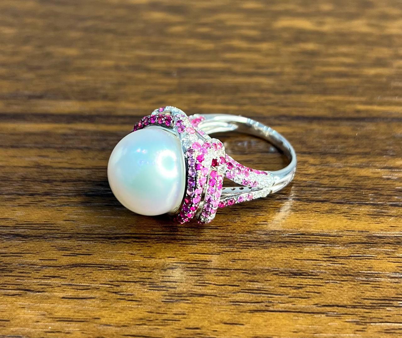 White South Sea Pearl Pink Sapphire Diamonds Halo Detail 18K White Gold Ring