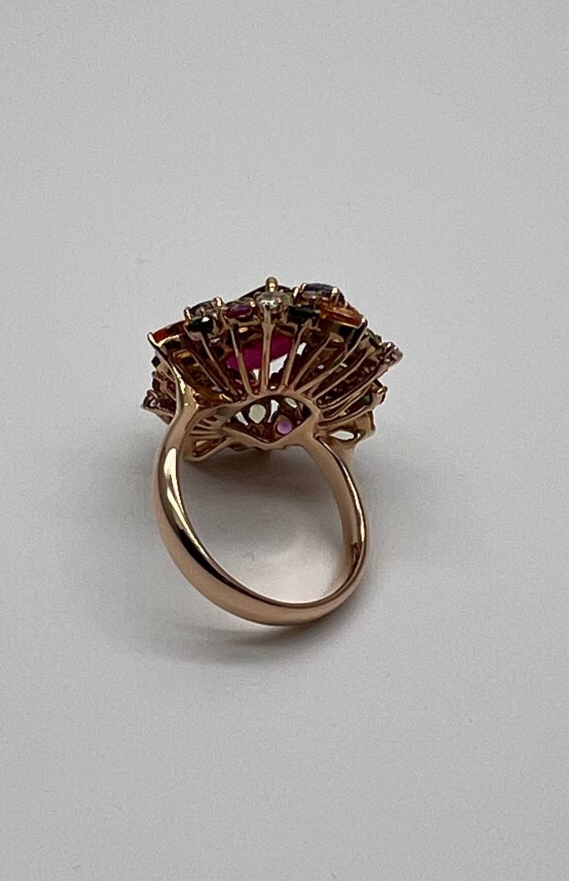 Multi Color Rainbow Ruby Sapphires Garnets Diamonds 18K Rose Gold Statement Ring