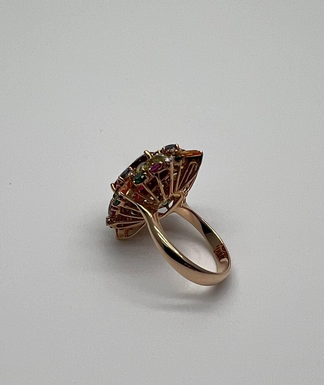 Multi Color Rainbow Ruby Sapphires Garnets Diamonds 18K Rose Gold Statement Ring