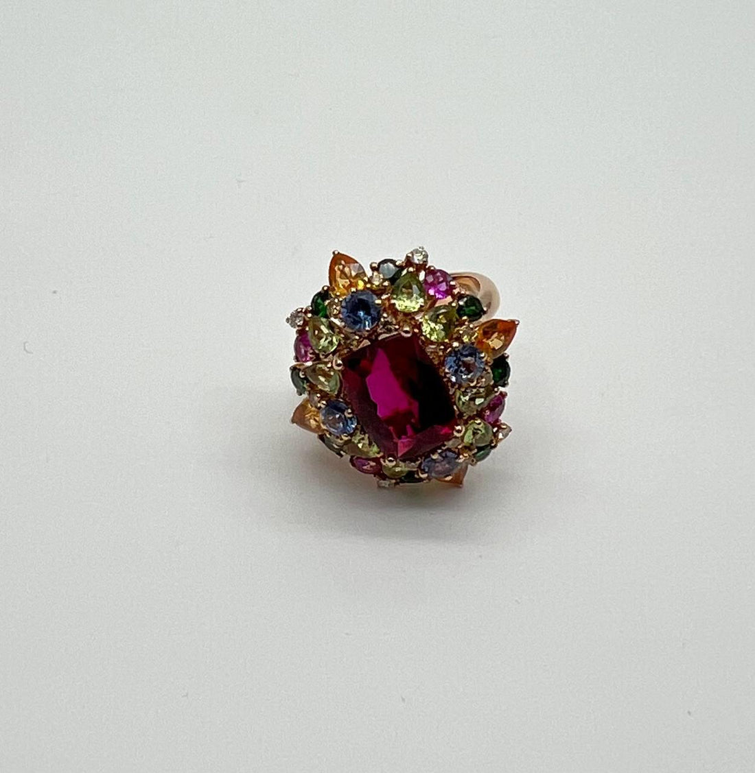 Multi Color Rainbow Ruby Sapphires Garnets Diamonds 18K Rose Gold Statement Ring