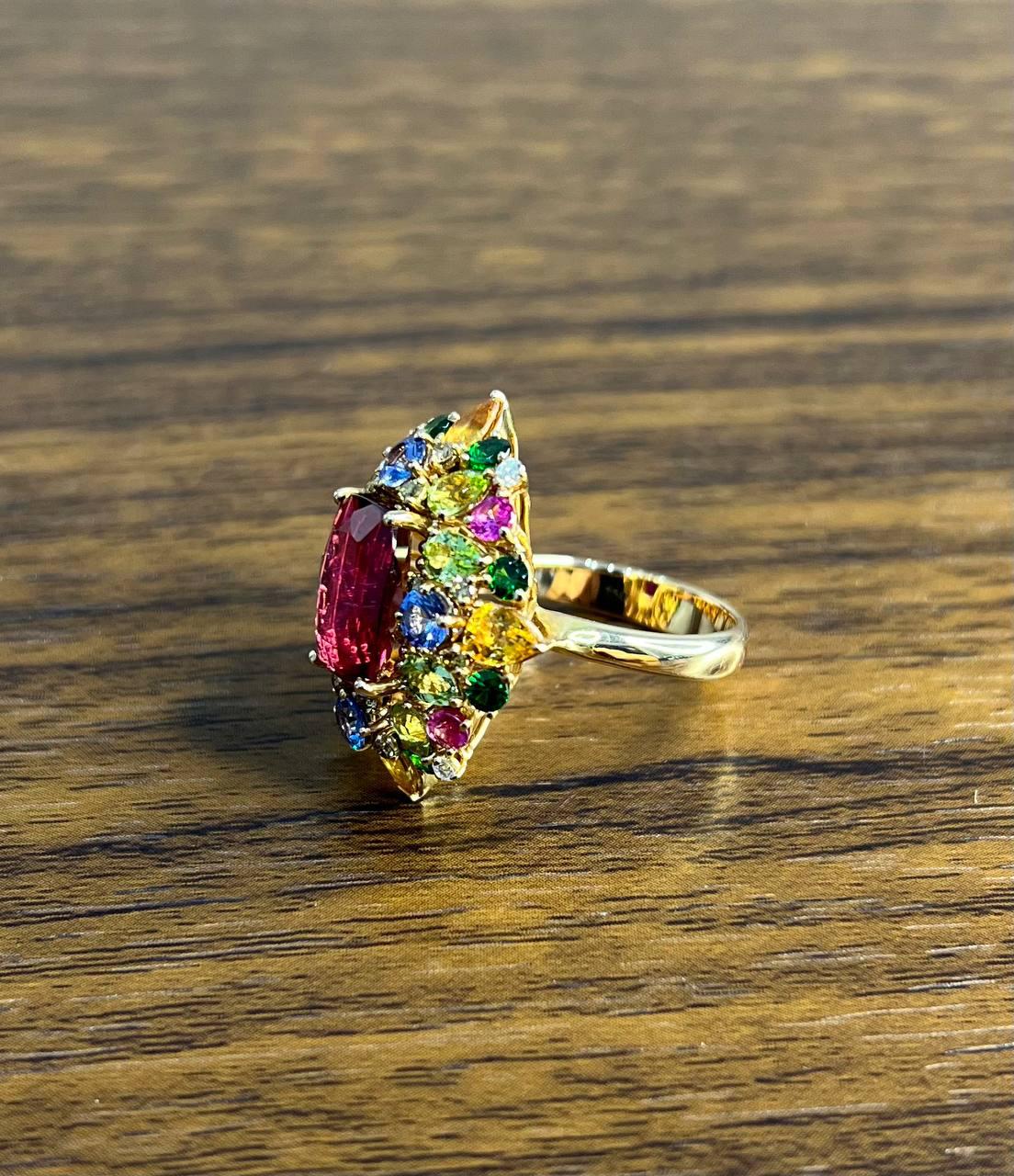 Multi Color Rainbow Ruby Sapphires Garnets Diamonds 18K Rose Gold Statement Ring