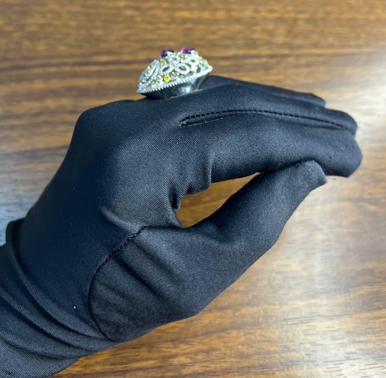 Rhodolite Garnet White Fancy Color Diamond 18 Karat White Gold Statement Ring