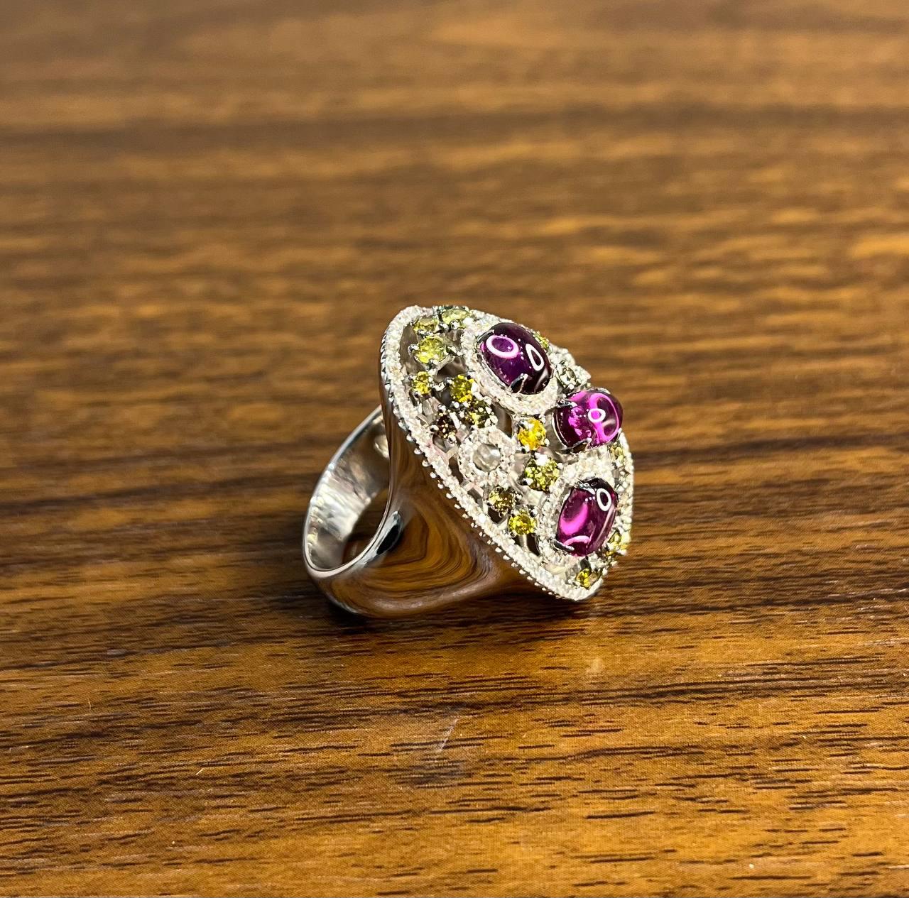 Rhodolite Garnet White Fancy Color Diamond 18 Karat White Gold Statement Ring