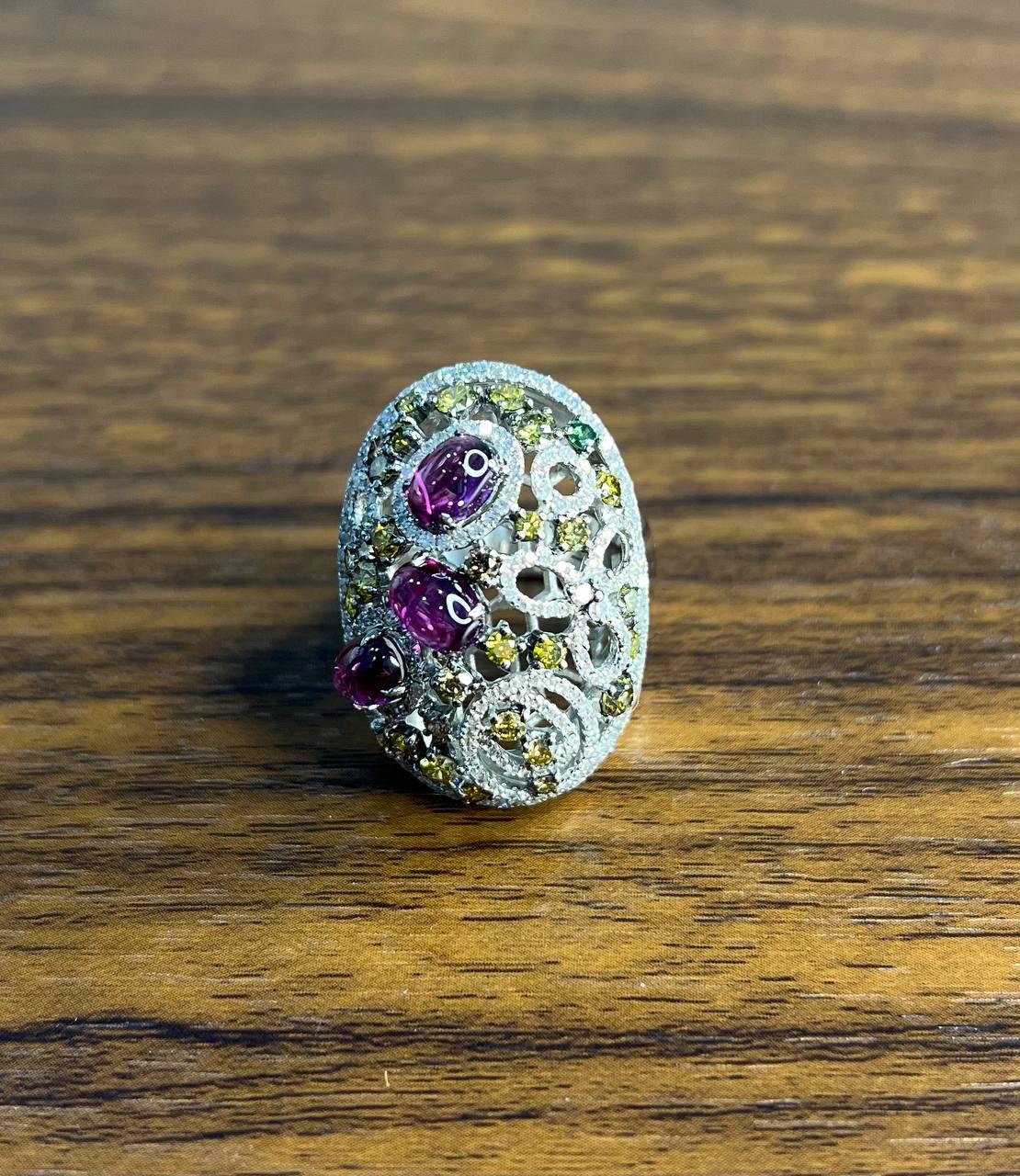 Rhodolite Garnet White Fancy Color Diamond 18 Karat White Gold Statement Ring