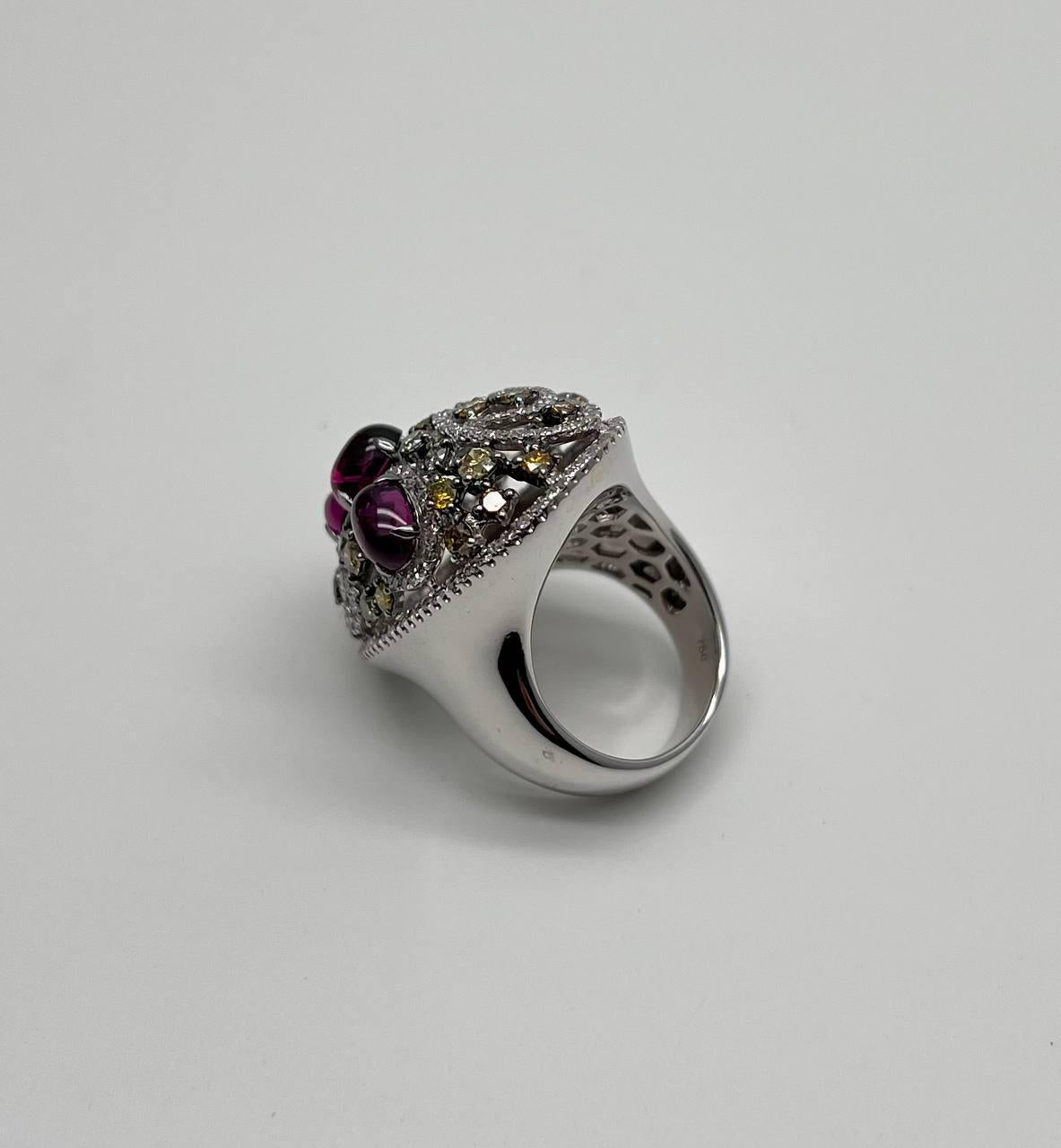 Rhodolite Garnet White Fancy Color Diamond 18 Karat White Gold Statement Ring