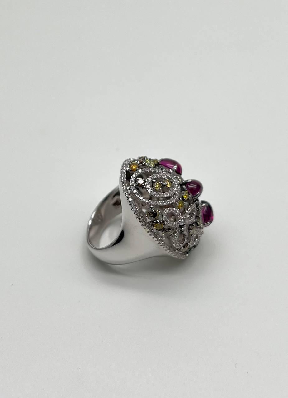 Rhodolite Garnet White Fancy Color Diamond 18 Karat White Gold Statement Ring