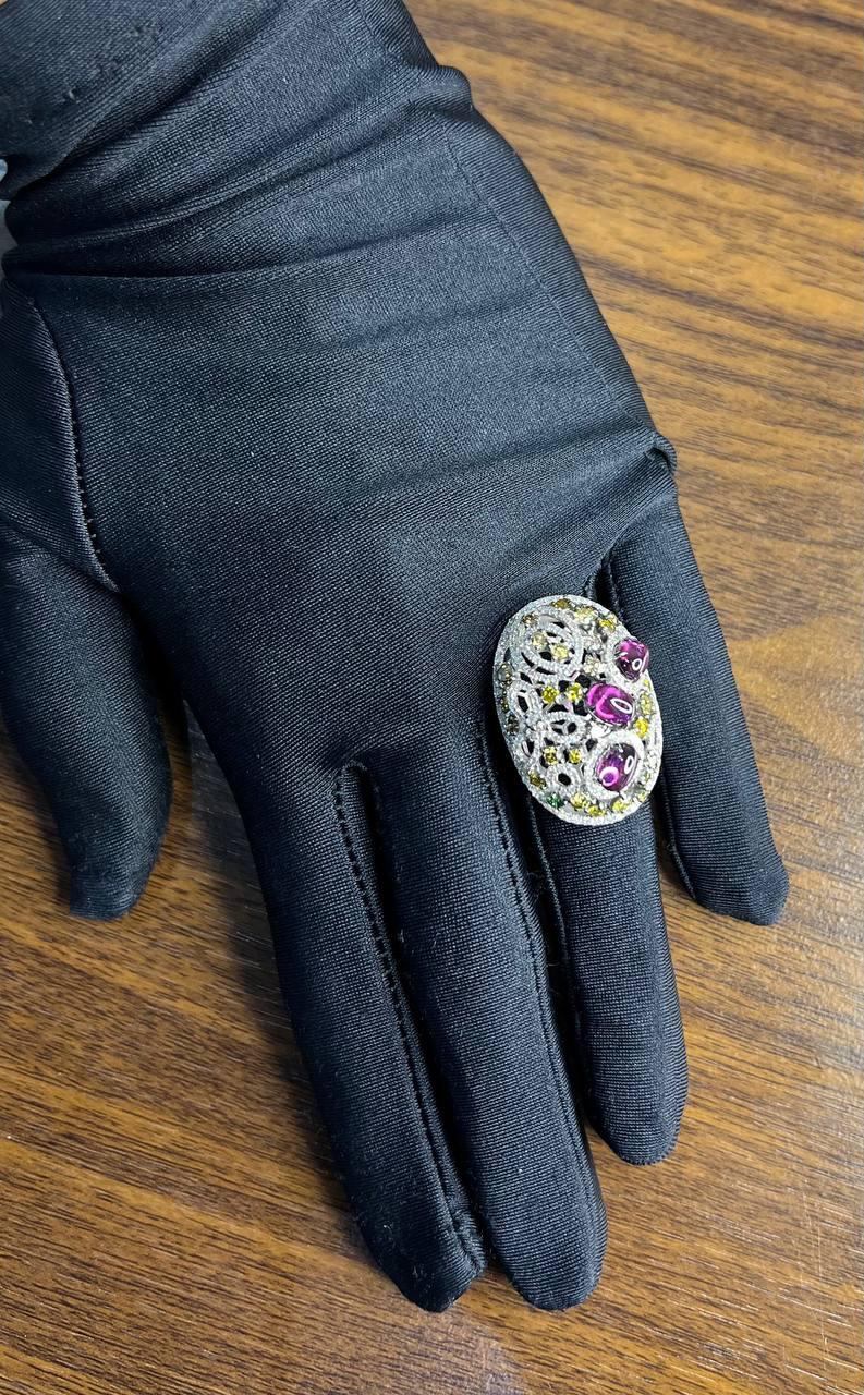 Rhodolite Garnet White Fancy Color Diamond 18 Karat White Gold Statement Ring