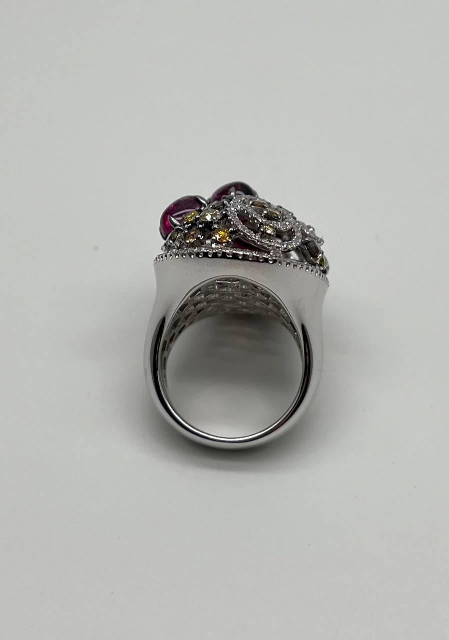 Rhodolite Garnet White Fancy Color Diamond 18 Karat White Gold Statement Ring