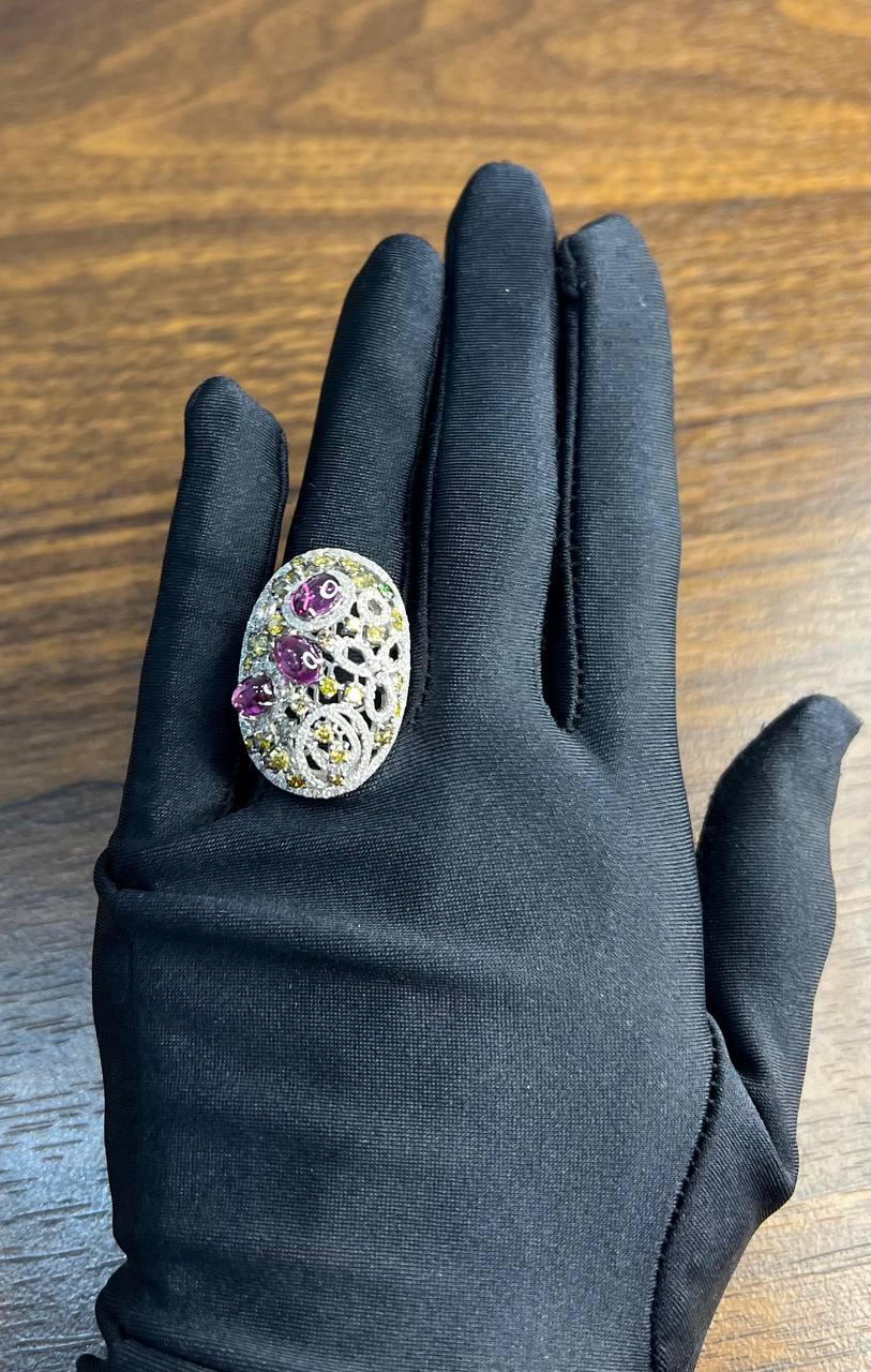 Rhodolite Garnet White Fancy Color Diamond 18 Karat White Gold Statement Ring