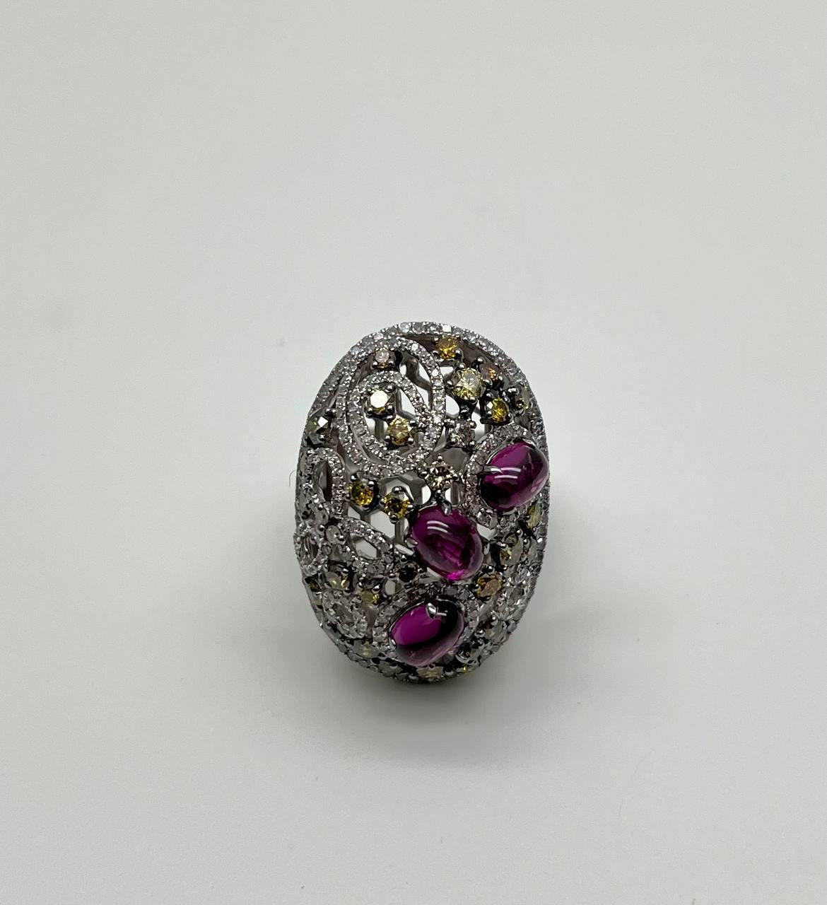 Rhodolite Garnet White Fancy Color Diamond 18 Karat White Gold Statement Ring