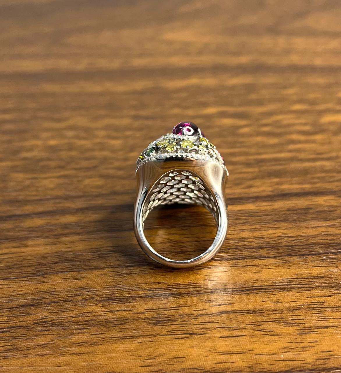 Rhodolite Garnet White Fancy Color Diamond 18 Karat White Gold Statement Ring