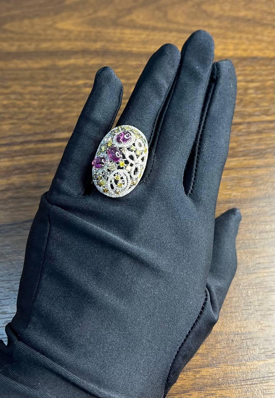 Rhodolite Garnet White Fancy Color Diamond 18 Karat White Gold Statement Ring