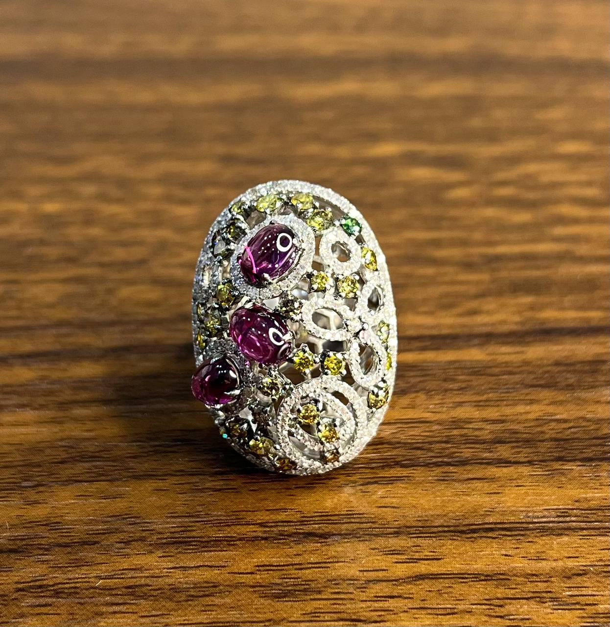 Rhodolite Garnet White Fancy Color Diamond 18 Karat White Gold Statement Ring