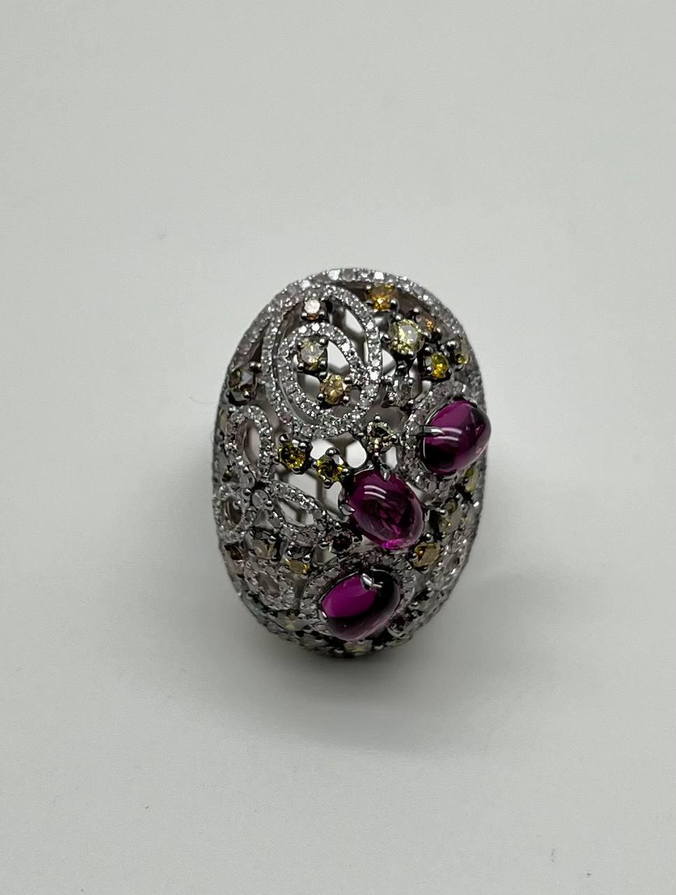 Rhodolite Garnet White Fancy Color Diamond 18 Karat White Gold Statement Ring