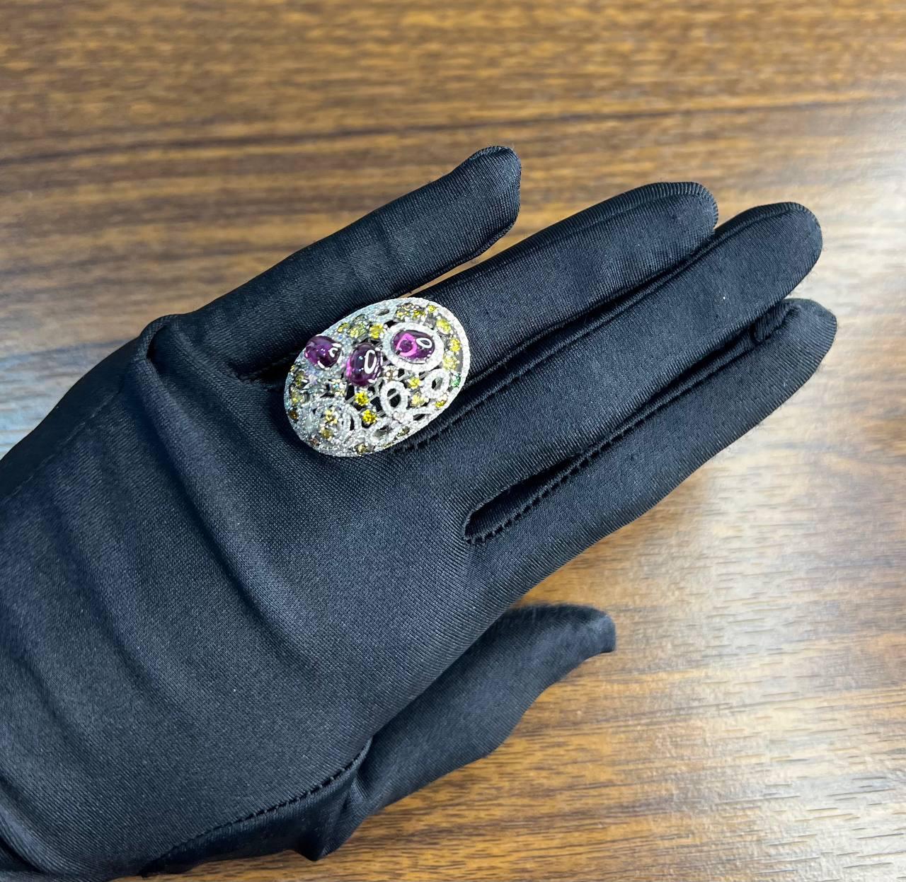 Rhodolite Garnet White Fancy Color Diamond 18 Karat White Gold Statement Ring