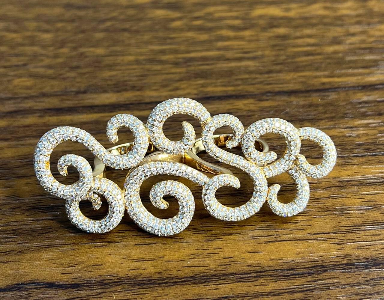 Double Finger Swirl Waves Diamond Pave 18K Rose Gold Statement Knuckle Ring