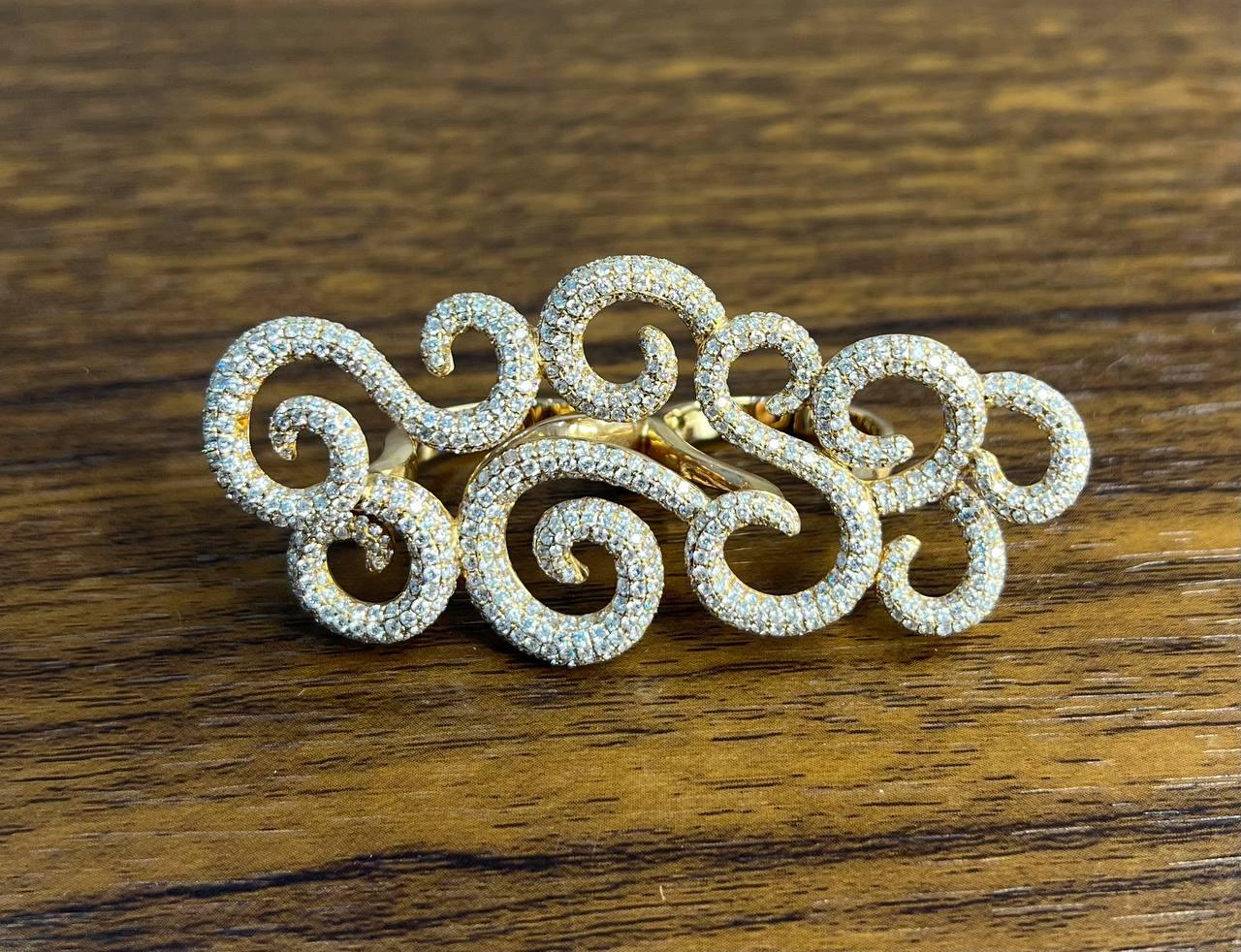 Double Finger Swirl Waves Diamond Pave 18K Rose Gold Statement Knuckle Ring