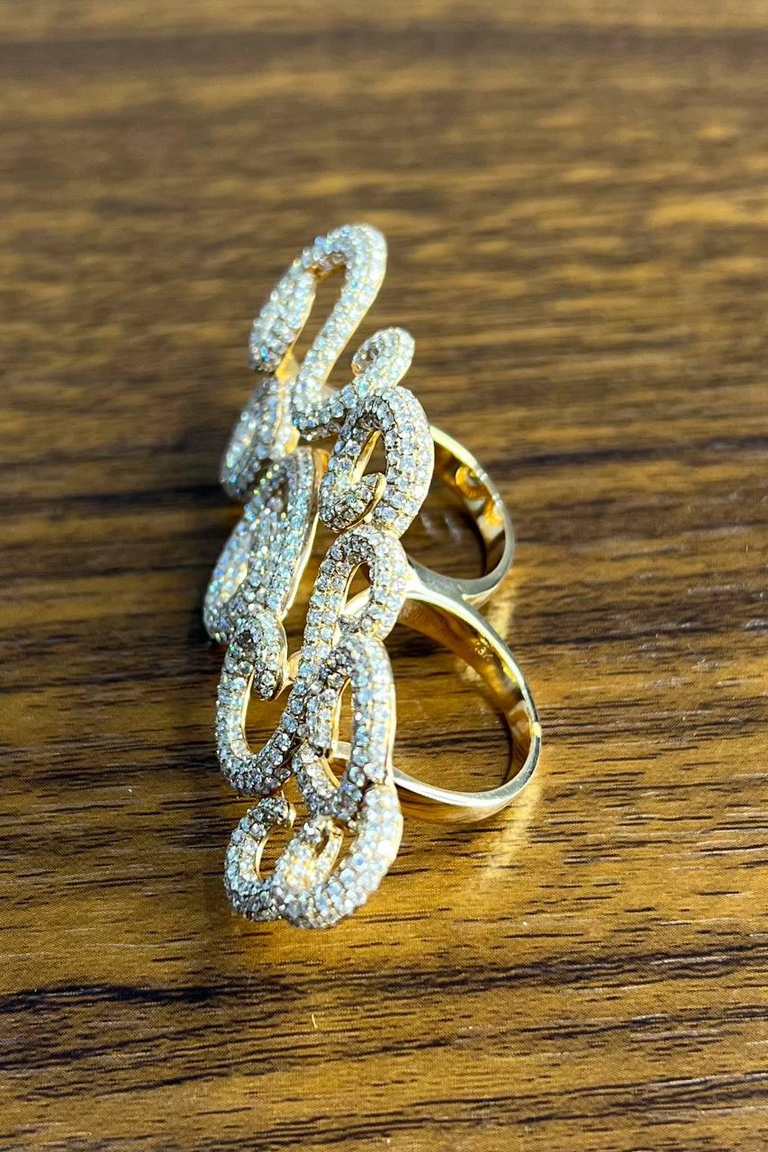 Double Finger Swirl Waves Diamond Pave 18K Rose Gold Statement Knuckle Ring