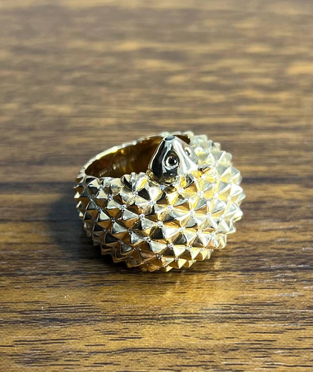 Hedgehog Spikey Emerald Eyes 18K Gold Statement Unique Cute Animal Ring