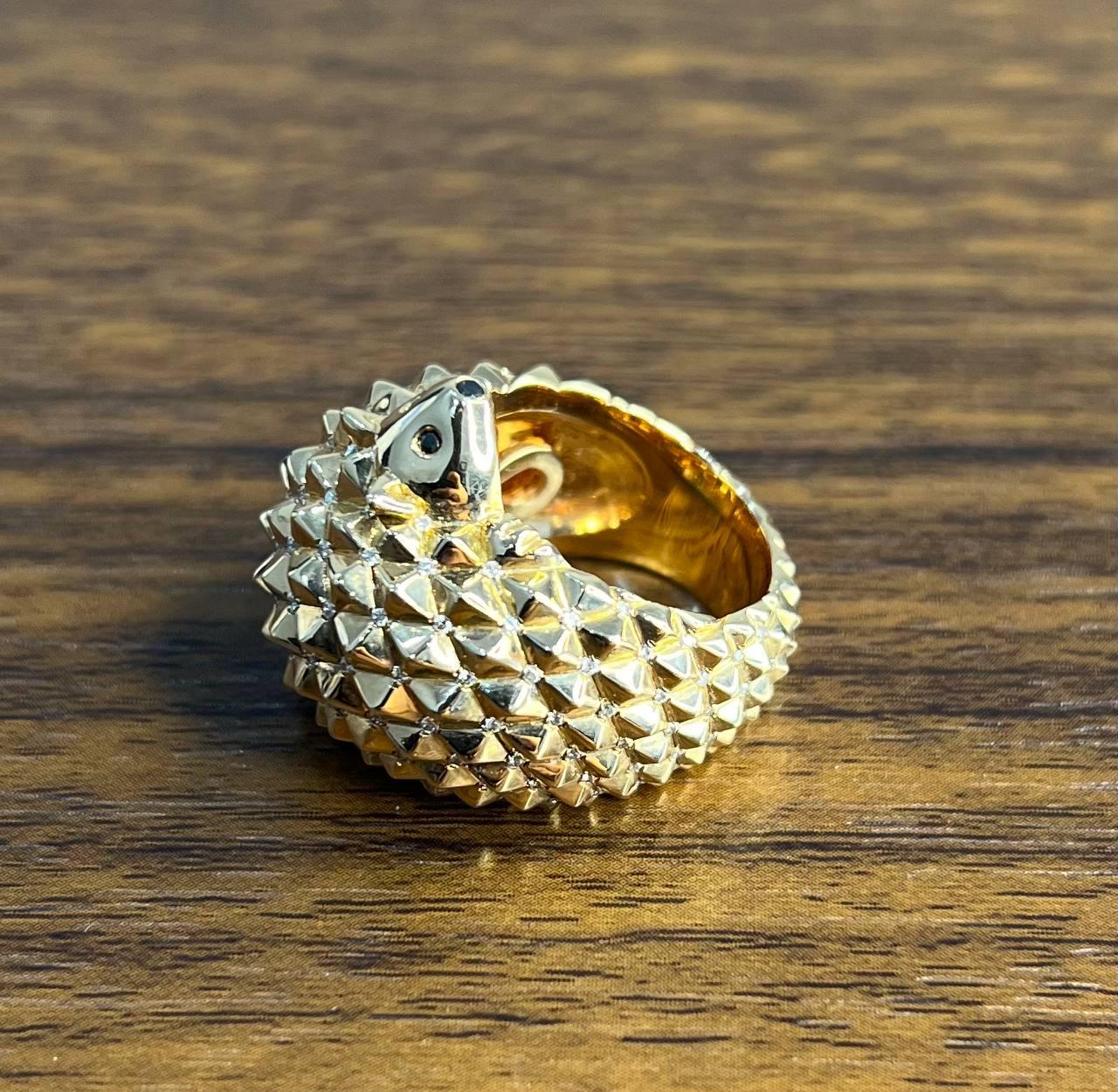 Hedgehog Spikey Emerald Eyes 18K Gold Statement Unique Cute Animal Ring