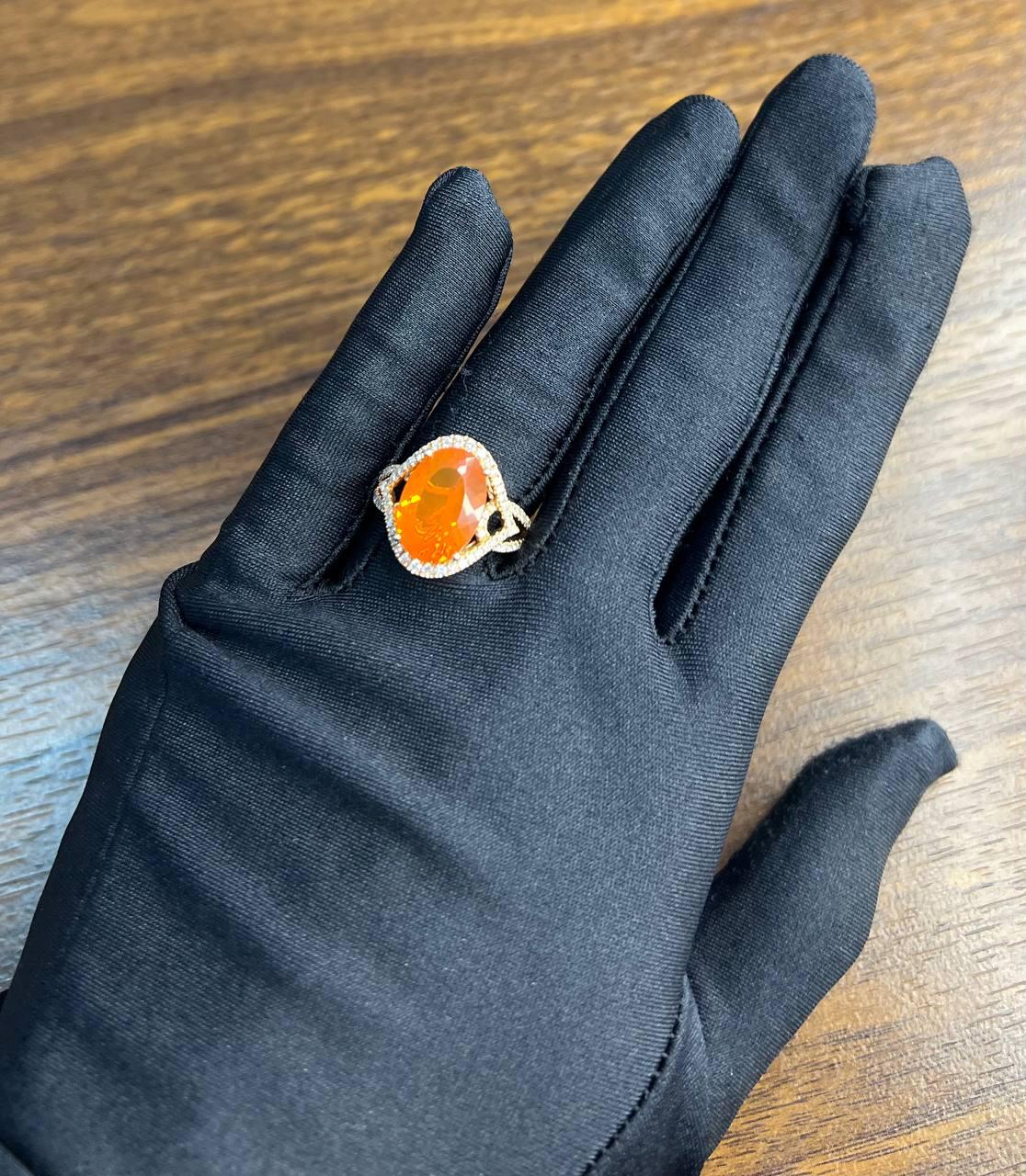 Oval Orange Fire Opal Diamonds Halo 14K Rose Gold Statement Classic Ring