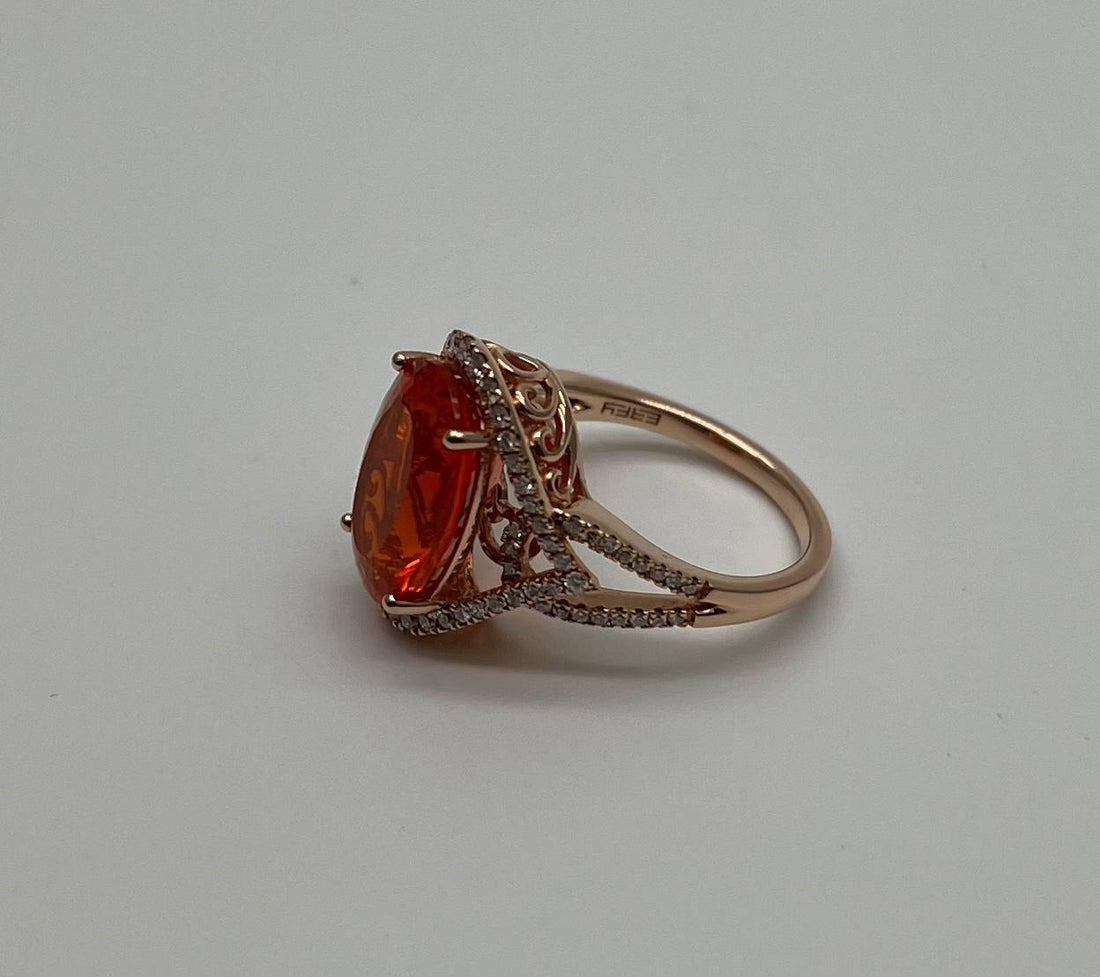 Oval Orange Fire Opal Diamonds Halo 14K Rose Gold Statement Classic Ring