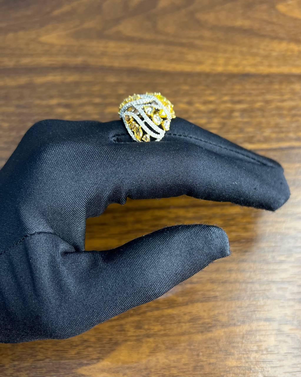 Fancy Cut Shape Yellow Sapphire White Diamond 18 Karat White Gold Statement Ring