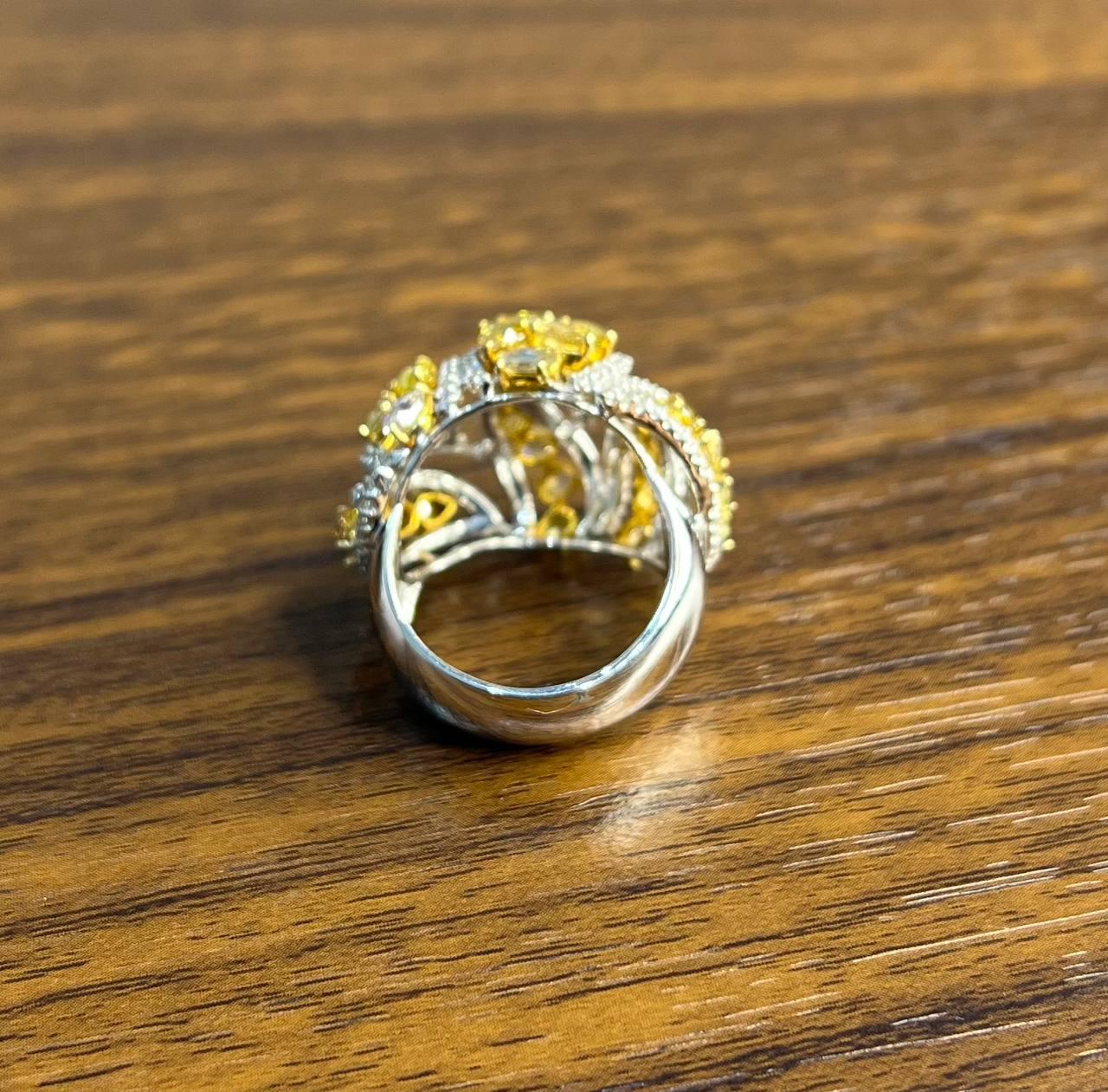Fancy Cut Shape Yellow Sapphire White Diamond 18 Karat White Gold Statement Ring