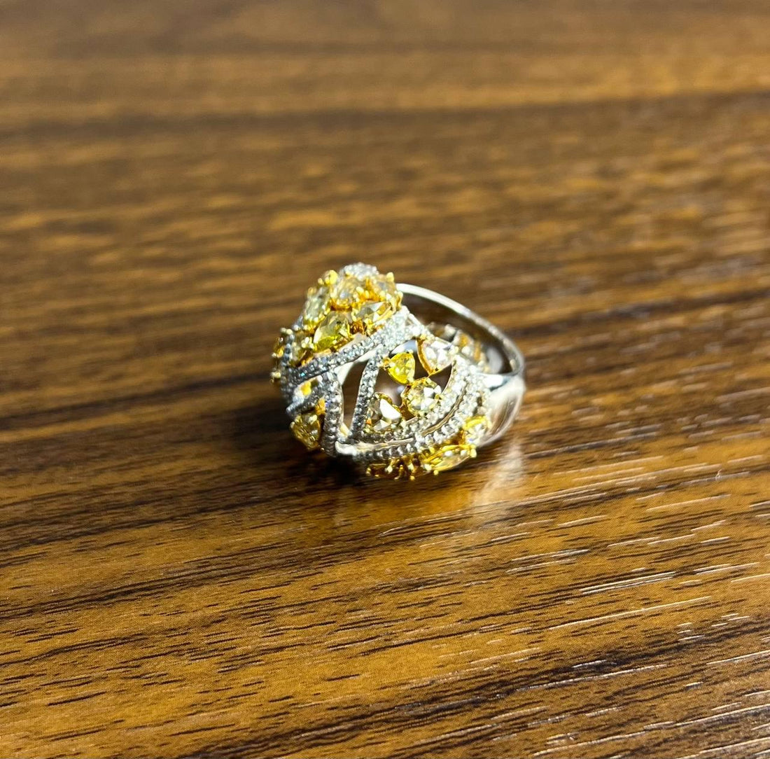 Fancy Cut Shape Yellow Sapphire White Diamond 18 Karat White Gold Statement Ring