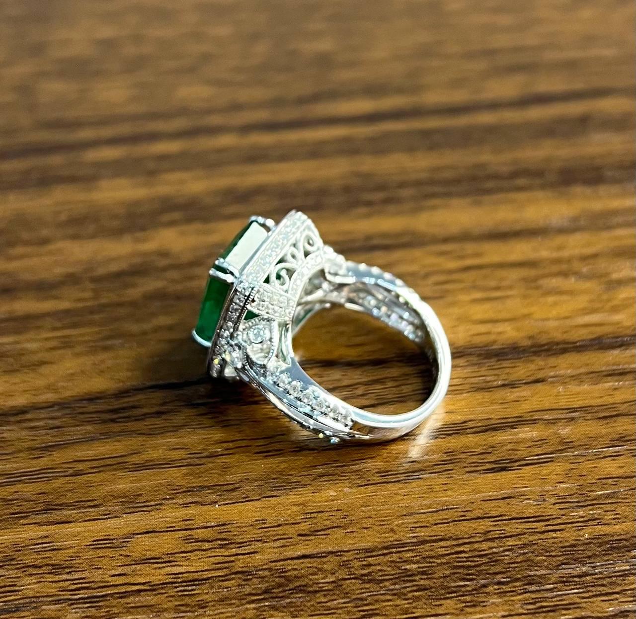 Emerald Cut Shape Emerald Halo Diamond 18K White Gold Classic Statement Ring