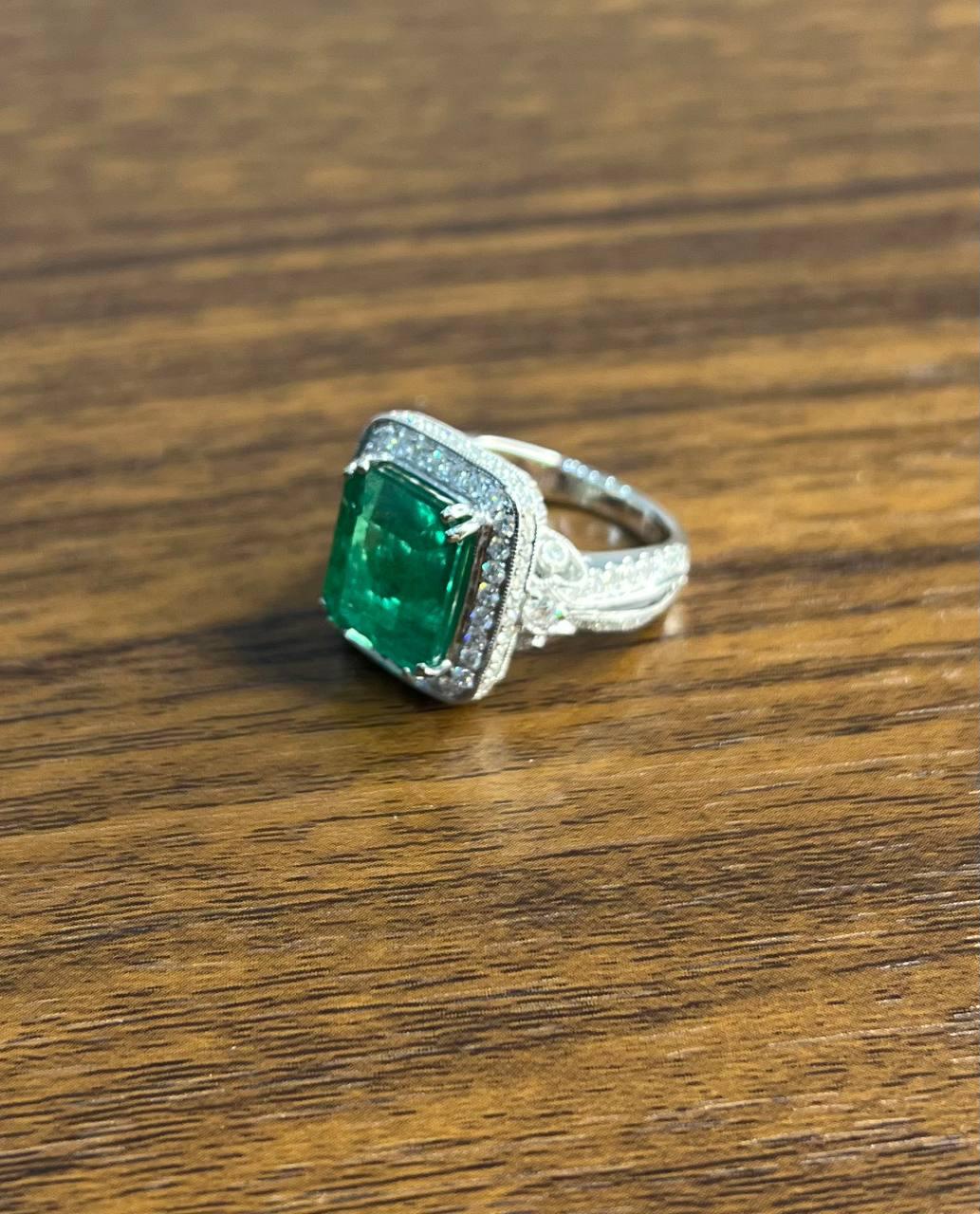 Emerald Cut Shape Emerald Halo Diamond 18K White Gold Classic Statement Ring