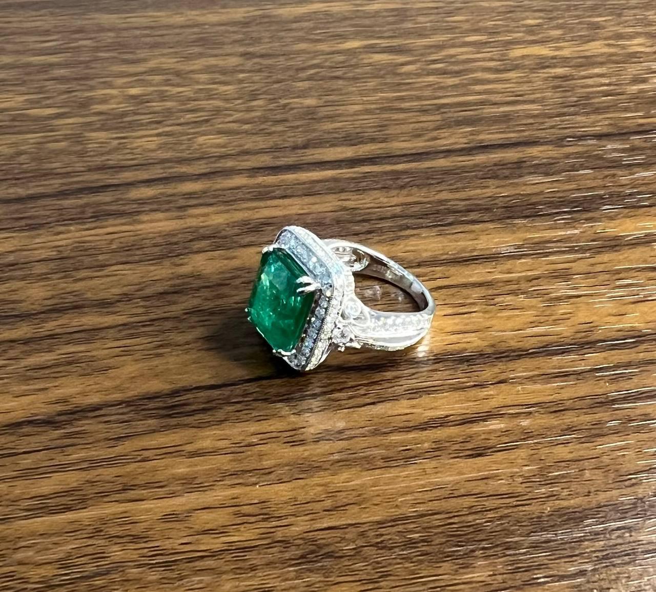 Emerald Cut Shape Emerald Halo Diamond 18K White Gold Classic Statement Ring