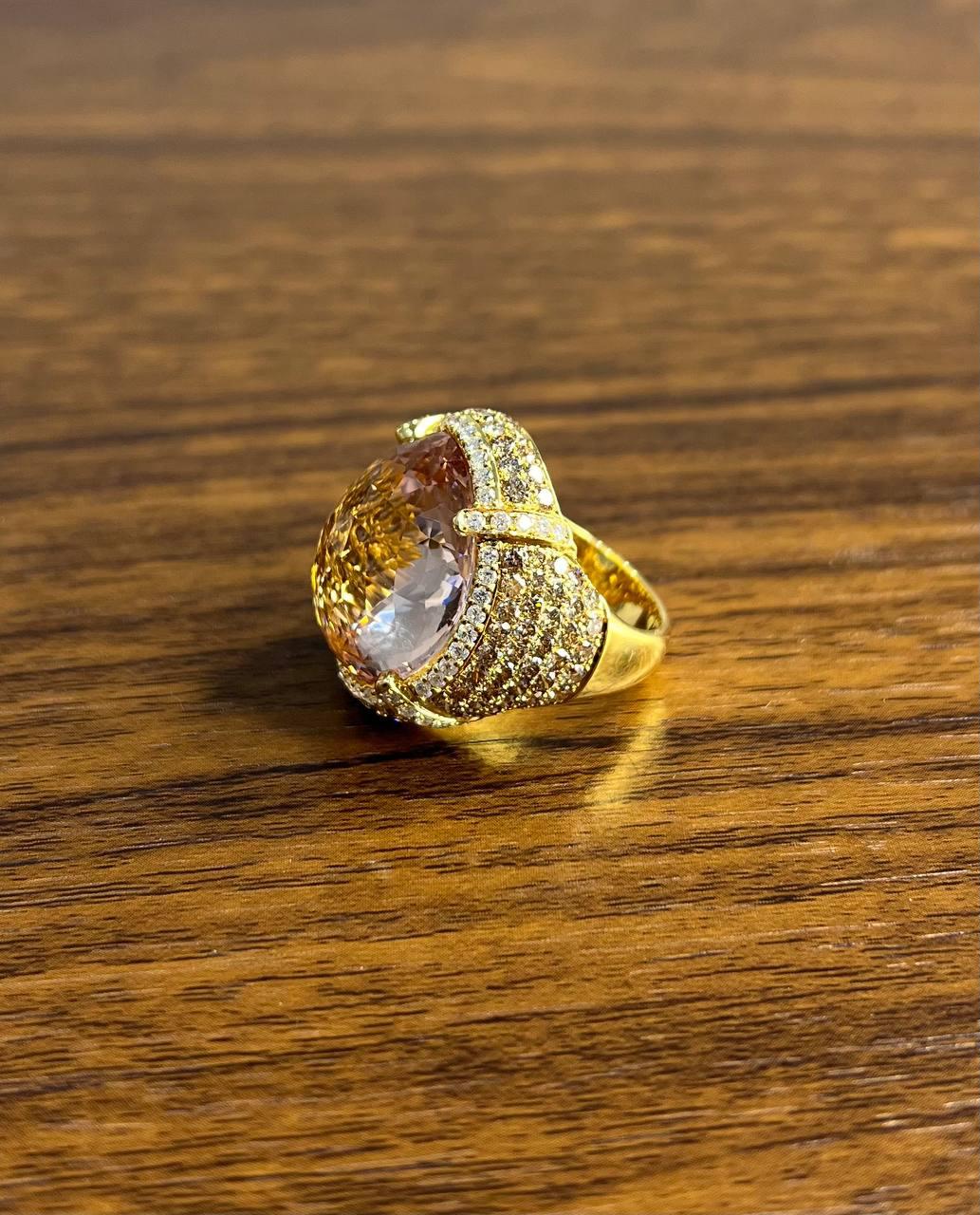 Oval Cut Peach Morganite Pave Fancy Diamonds Halo 14K Yellow Gold Statement Ring