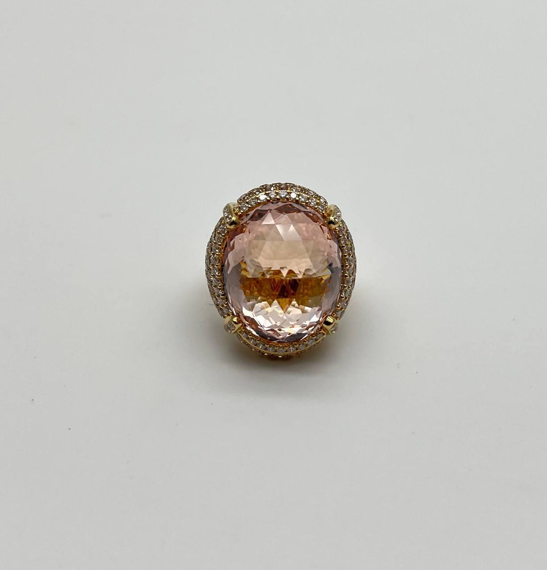 Oval Cut Peach Morganite Pave Fancy Diamonds Halo 14K Yellow Gold Statement Ring