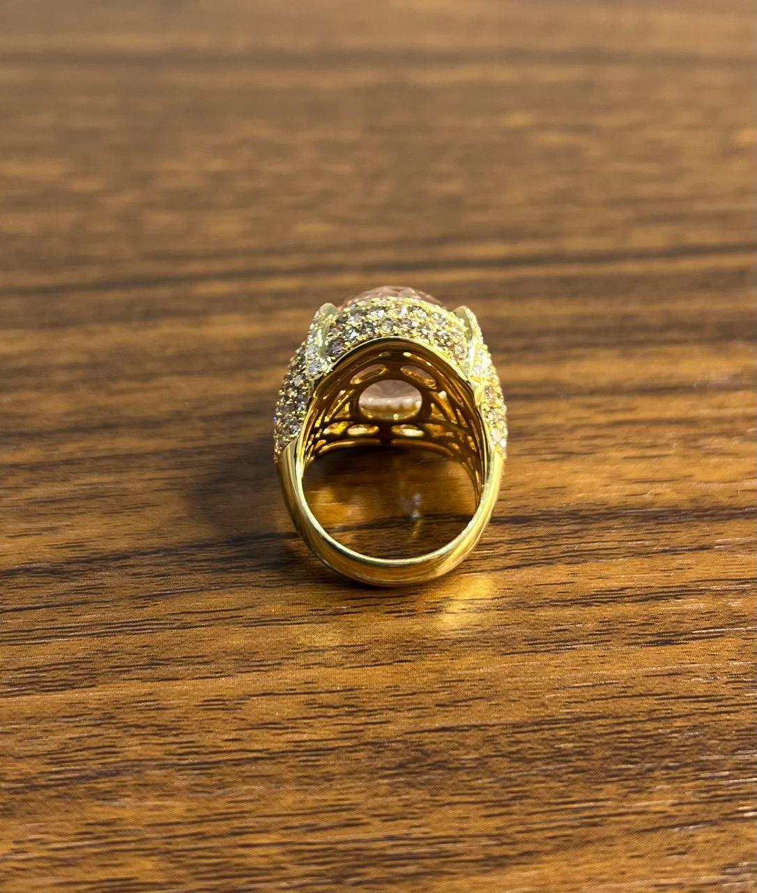 Oval Cut Peach Morganite Pave Fancy Diamonds Halo 14K Yellow Gold Statement Ring