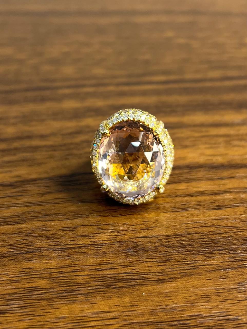 Oval Cut Peach Morganite Pave Fancy Diamonds Halo 14K Yellow Gold Statement Ring