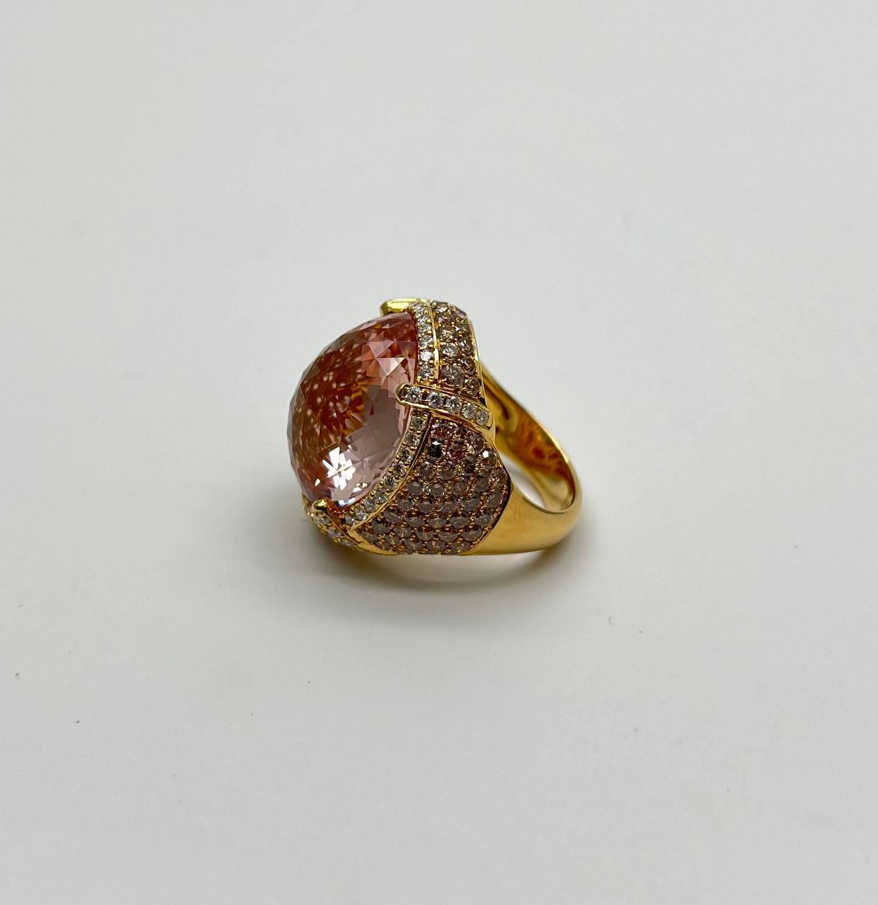 Oval Cut Peach Morganite Pave Fancy Diamonds Halo 14K Yellow Gold Statement Ring